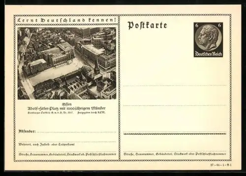 AK Essen, Platz mit Münster, Ganzsache Lernt Deutschland kennen