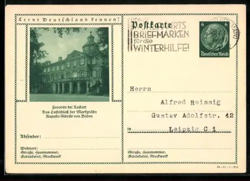 AK Rastatt, Schloss der Markgräfin Augusta Sibylle von Baden, Ganzsache Lernt Deutschland kennen