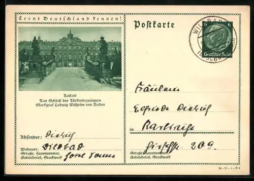 AK Rastatt, Schloss des Markgrafen Ludwig Wihelm von Baden, Ganzsache Lernt Deutschland kennen