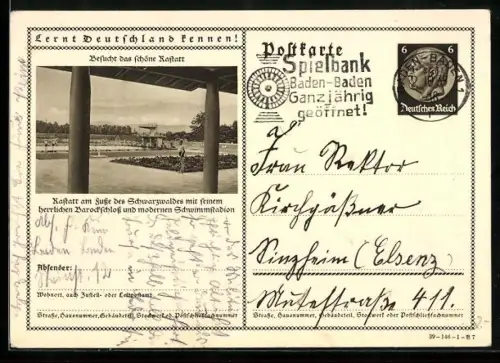 AK Rastatt /Schwarzwald, Schwimmbad mit Grünanlagen, Ganzsache Lernt Deutschland kennen