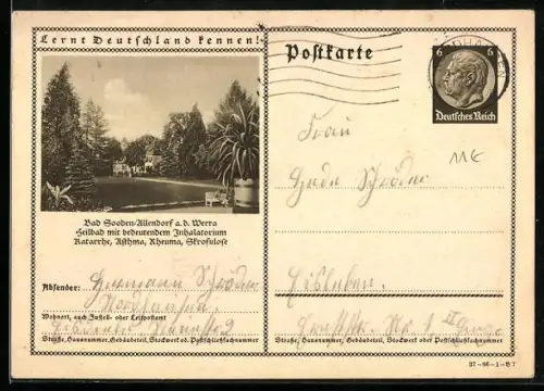 AK Bad Sooden /Allendorf, Herrenhaus mit Gartenanlagen, Ganzsache Lernt Deutschland kennen