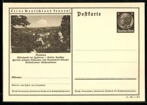 AK Mainburg, Teilansicht des Ortes mit Kirche, Ganzsache Lernt Deutschland kennen