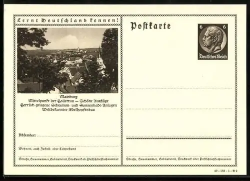 AK Mainburg, Teilansicht des Ortes mit Kirche, Ganzsache Lernt Deutschland kennen