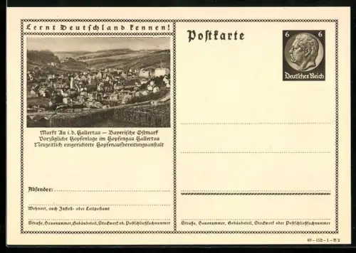 AK Au in der Hallertau, Totalansicht mit Umgebung, Ganzsache Lernt Deutschland kennen