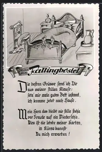 AK Fallingbostel, Schlafender Mann im Bett, Aus meiner stillen Klause...