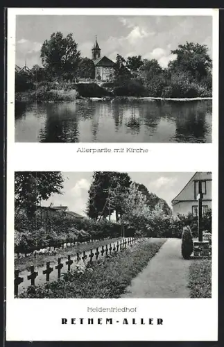 AK Rethem /Aller, Allerpartie mit Kirche, Heldenfriedhof
