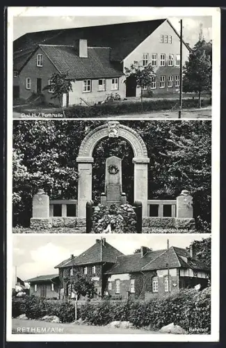 AK Rethem /Aller, D.J.H./Turnhalle, Kriegerdenkmal, Bahnhof