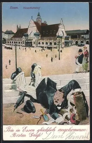 AK Essen, Hauptbahnhof, humoristische Ankunftsszene