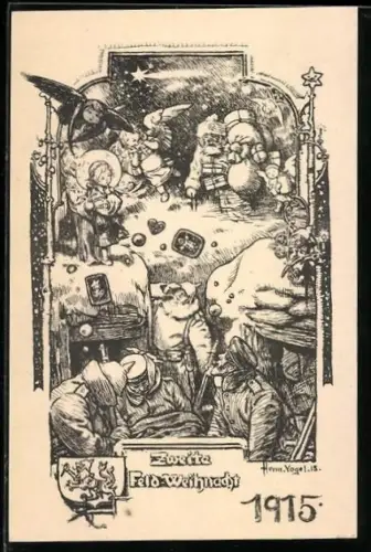 AK Feld-Weihnacht 1915, Soldaten in einem Schützengraben werden von kleinen Engeln beschenkt