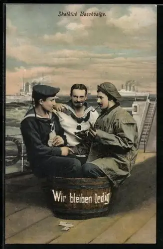 AK Drei ewige Junggesellen sitzen in einem Waschtrog und spielen Skat