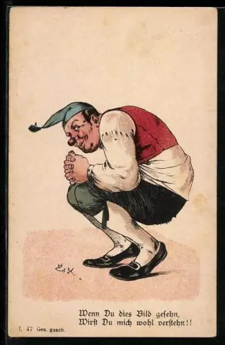 AK Mann mit dem Schalk im Nacken in der Hocke, früher Druck