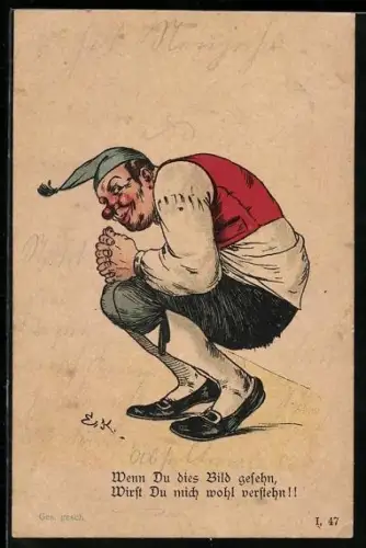 AK Mann in der Hocke mit dem Schalk im Nacken, früher Druck