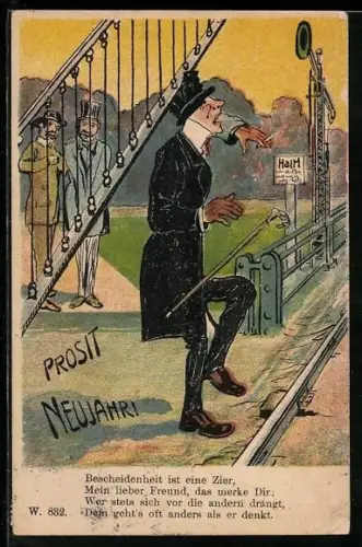 AK Mann in Eile bekommt eine Bahnschranke auf den Kopf, früher Druck