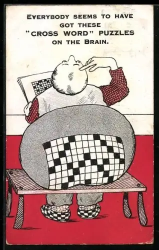 AK Mann mit grossem Hintern hat ein Kreuzworträtsle darauf und auf seinen Socken