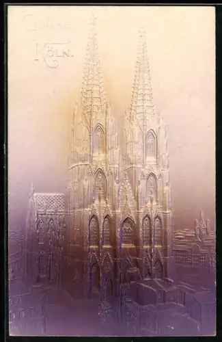 Präge-Airbrush-AK Köln, Abbildung des Kölner Doms