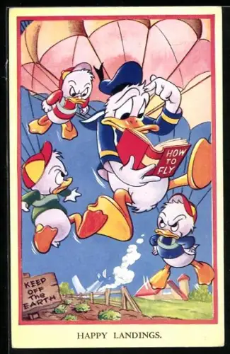 AK Donald mit Tick, Trick und Track an Fallschirmen, im Hintergrund ein abgestürztes Flugzeug