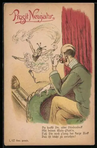 AK Älterer Herr sieht interessiert einer attraktiven und freizügig gekleideten Tänzerin zu, früher Druck