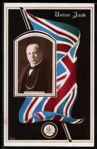 AK Portrait von R. E. Haldane mit Union Jack im Passepartout