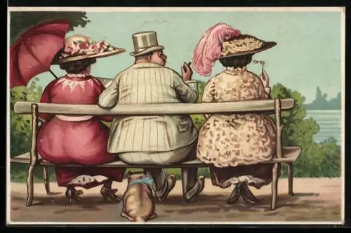 AK Drei übergewichtige Personen sitzen auf einer Bank, dahinter ein Hund