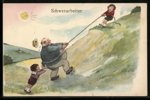 AK Zwei Jungen versuchen einen übergewichtigen Herrn einen Hang hochzuziehen und zu schieben