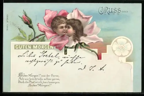 Lithographie Guten Morgen, Kinderköpfe wachsen aus Rosenblüten