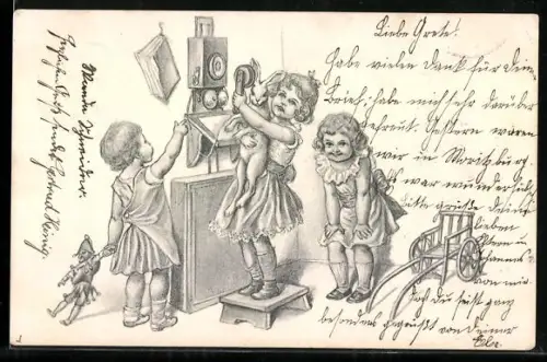 AK Kinder mit einem Hasen und einer Puppe am Telefon