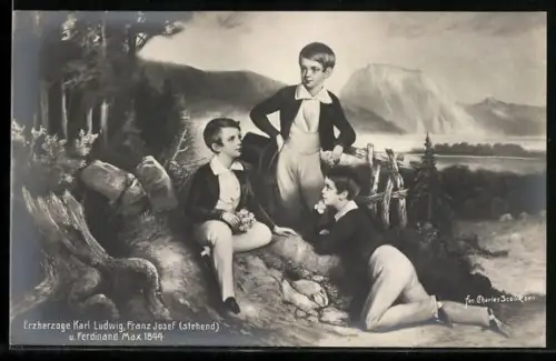 AK Erzherzog Karl Ludwig, der spätere Kaiser Franz Josef stehend und Ferdinand Max im Jahre 1844
