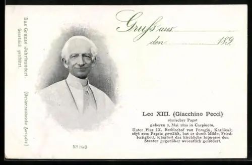 AK Portrait von Papst Leo XIII. mit Kurzbiographie