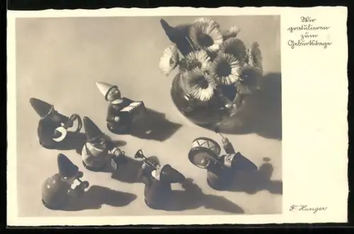 AK Holzspielzeug, Musikkapelle aus Holz, Blumenstrauss