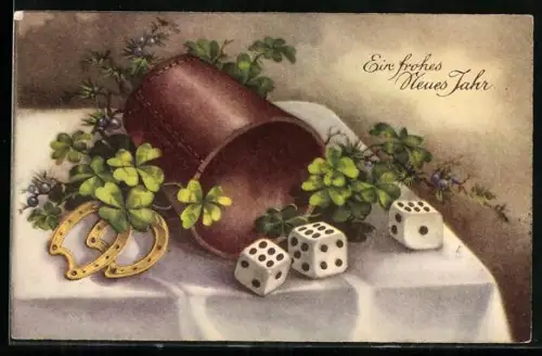 AK Würfelbecher mit Würfeln auf einem Tisch