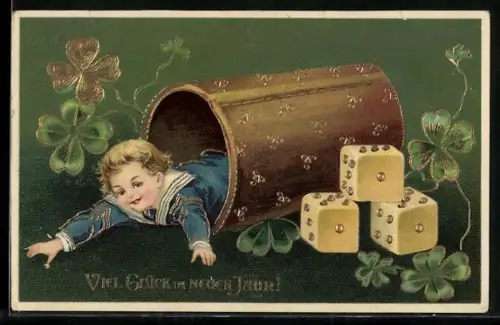 AK Kind fällt aus einem Würfelbecher, umgeben von grünen und einem goldenen Kleeblatt