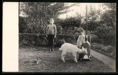 Foto-AK Zwei Kinder im Garten mit einem Schaukelpferd und einem Schaf