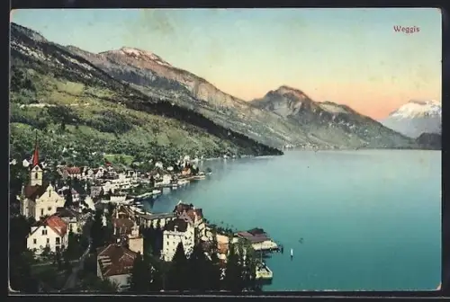 AK Weggis, Teilansicht mit Gebirgspanorama