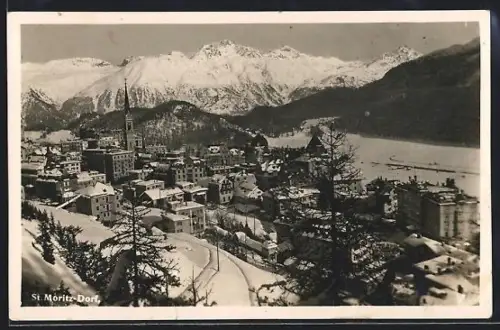 AK St. Moritz-Dorf, Totalansicht mit Gebirgspanorama