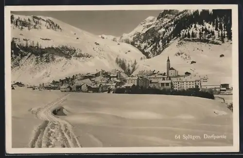 AK Splügen, Dorfpartie mit Gebirgspanorama