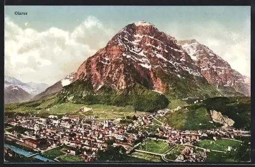 AK Glarus, Totalansicht des Ortes mit Gebirgspanorama