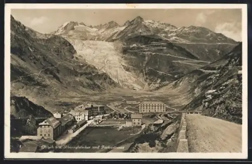 AK Gletsch, Gesamtansicht mit Rhonegletscher und Furkastrasse