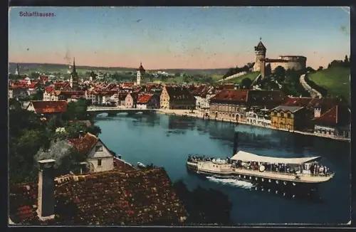 AK Schaffhausen, Panorama mit Flussdampfer