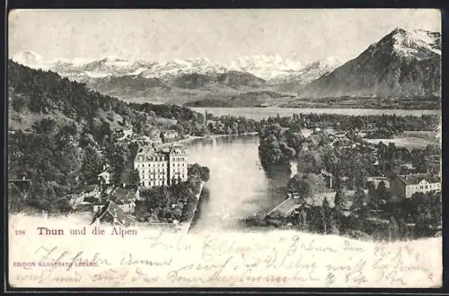 AK Thun, Teilansicht mit Blick auf die Alpen