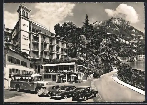 AK Brunnen /Vierwaldstätterse, Hotel Eden und Gebirgspanorama