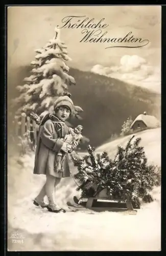 AK Mädchen mit Tannenzweigen auf Schlitten und Puppe, Weihnachtsgruss