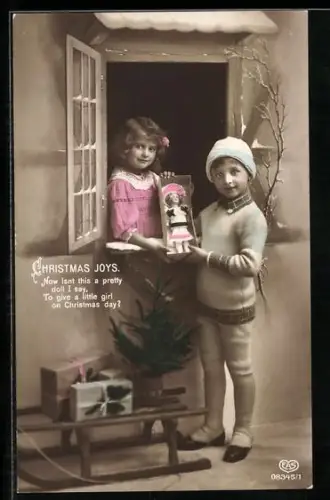 AK Kinderpaar mit Puppe am Fenster