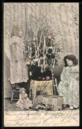 AK Zwei Mädchen mit Puppe am Weihnachtsbaum, Weihnachtsgruss