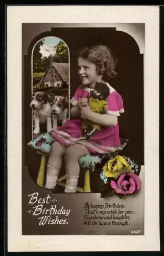 AK Mädchen mit Puppe, Zwei Terrier vor Bauernhaus, Geburtstagsgruss