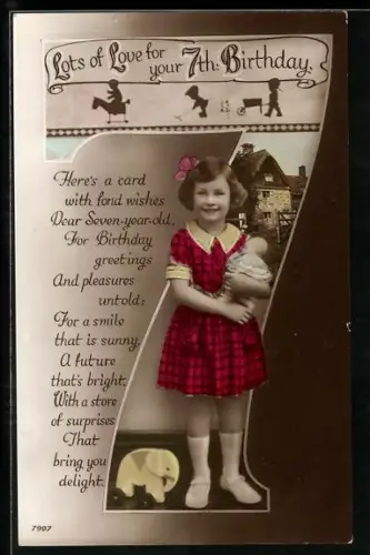 AK Mädchen mit Puppe vor Bauernhaus, Geburtstagsgruss