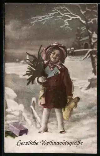 AK Mädchen mit Puppe und Päckchen im Schnee, Weihnachtsgruss