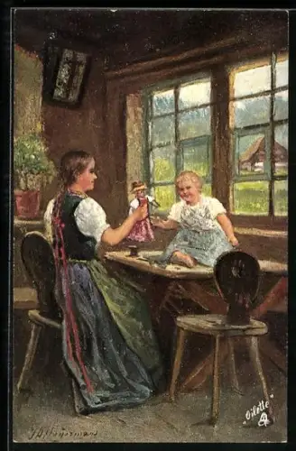 AK Junge Frau und Mädchen mit Puppe am Tisch