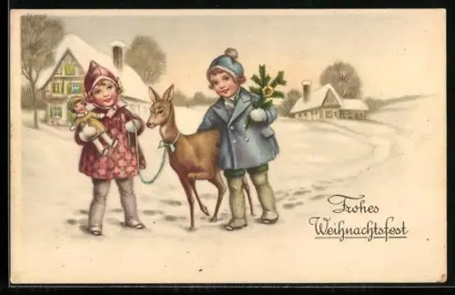 AK Kinderpaar mit Puppe und Rehkitz im Schnee, Weihnachtsgruss