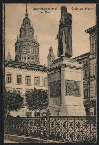 AK Mainz, Gutenbergdenkmal und Dom