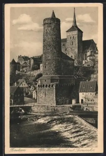 AK Bautzen, Alte Wasserkunst mit Spreewehr